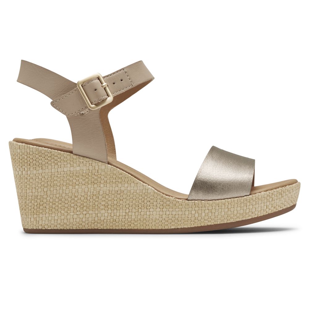 Rockport Women's Lyla Ankle-Strap Wedges Sandals - Taupe - USA (9803GXYSD)